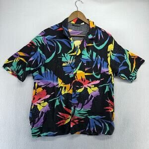 Vintage Boundary Waters Hawaiian Shirt Mens XL Black USA Rayon Cropped Altered